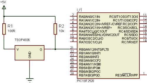 схема подключения TSOP4836 к микроконтроллеру PIC18F2520